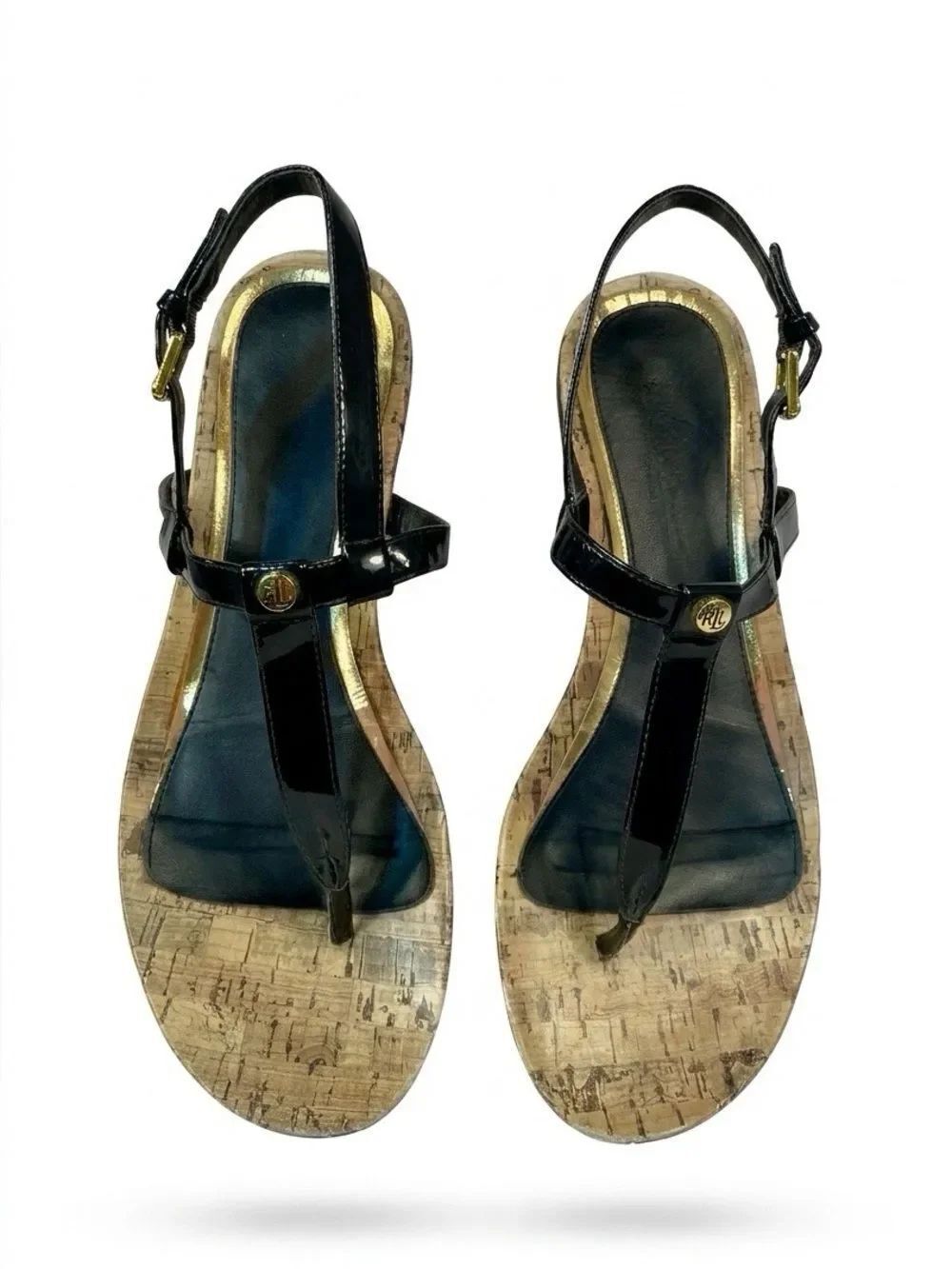 Ralph Lauren Black Patent Leather T-Strap Cork-Style Sandals with Gold Accents